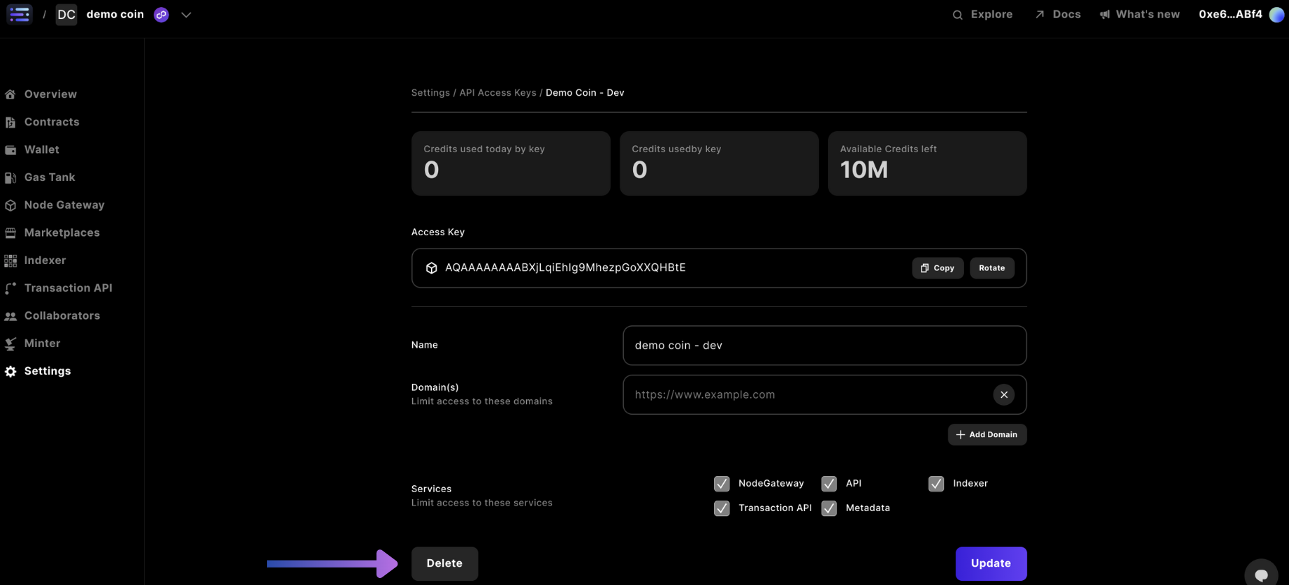 Builder settings API Access Keys delete key