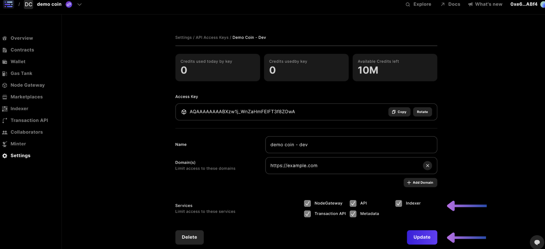 Builder settings API Access Keys check services