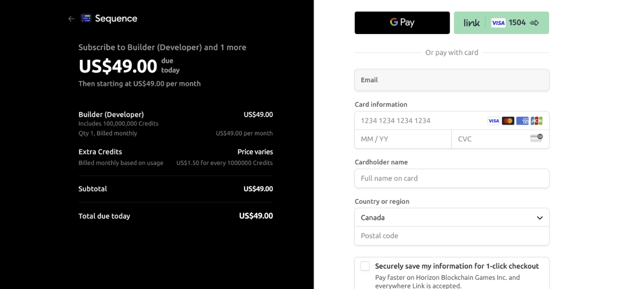 Builder settings billing checkout