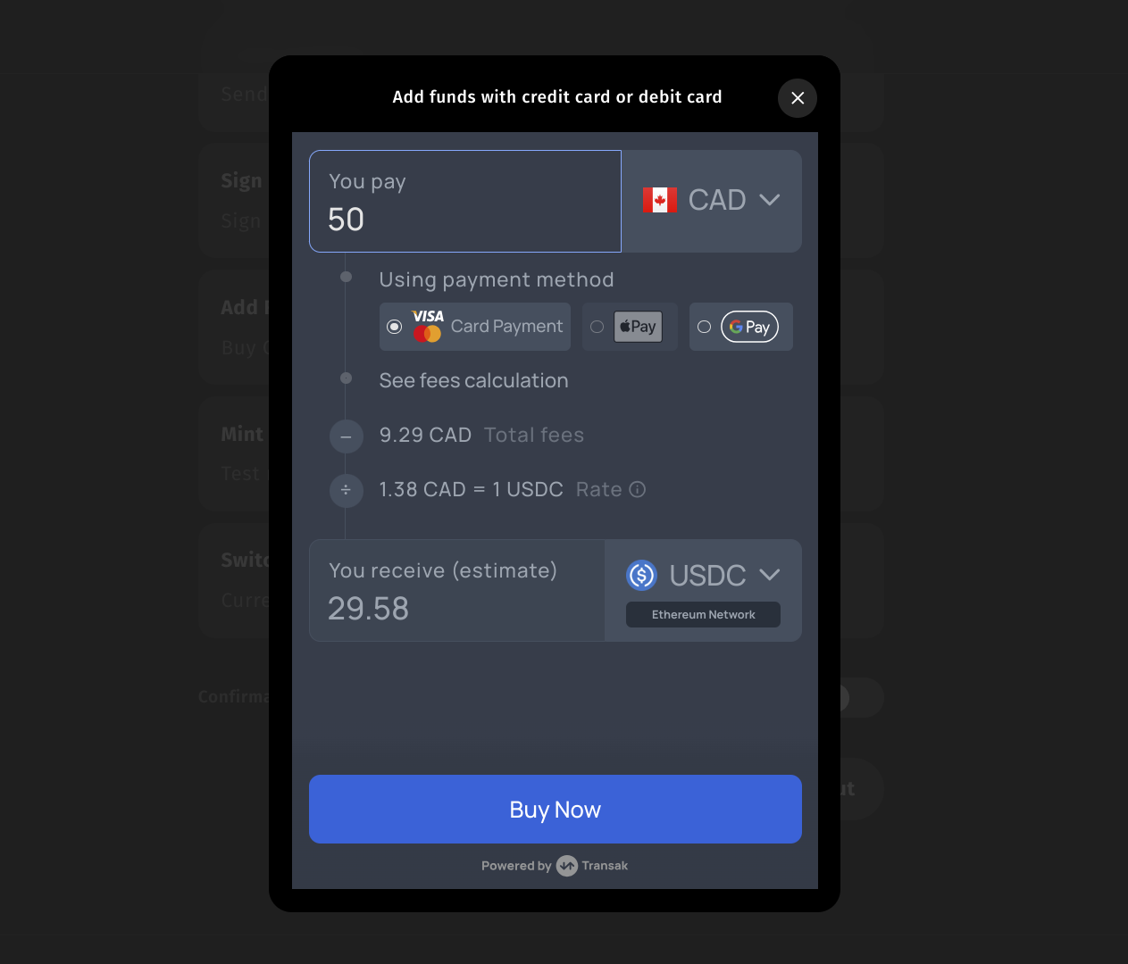 Enable the on-ramp modal in Sequence Kit to onboard users using fiat currencies with a credit or debit card